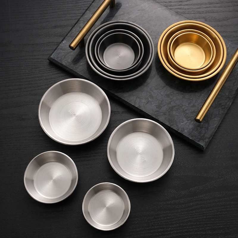 

Stainless Steel Sauce Bowls Round Seasoning Dishes Mini Saucers Dishes Sushi Dipping Bowel Appetizer Plate, Black/silver/gold