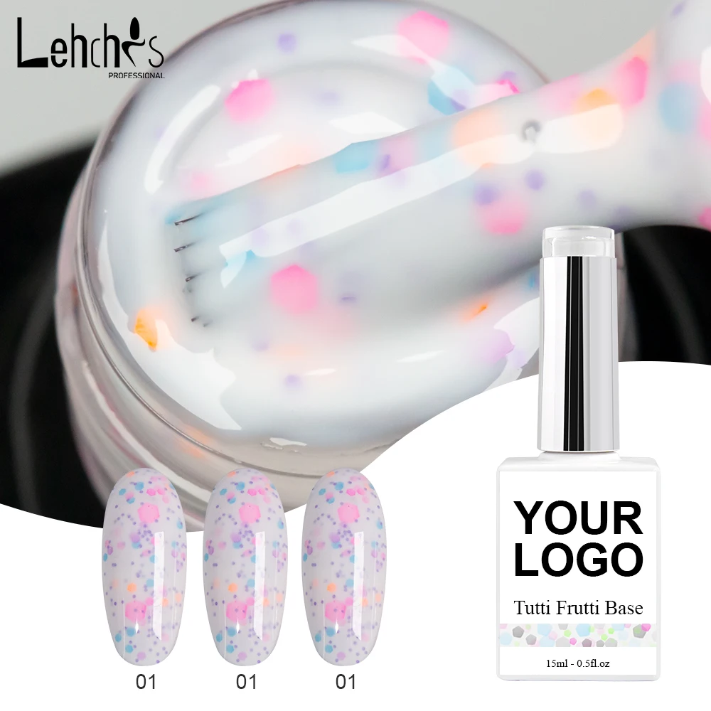 Trendy Fruitty Candy Colorful Pink Purple Colours Flakes Dots Milky Base Coat UV Gels Nail Polish Tutti Frutti Rubber Base Gel
