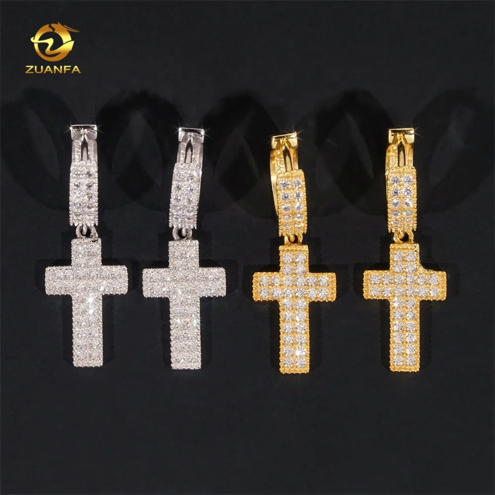 New Fashion Hip Hop Jewelry 925 Silver Iced Out Hoop Cross Drop Moissanite Diamond Earrings for Men