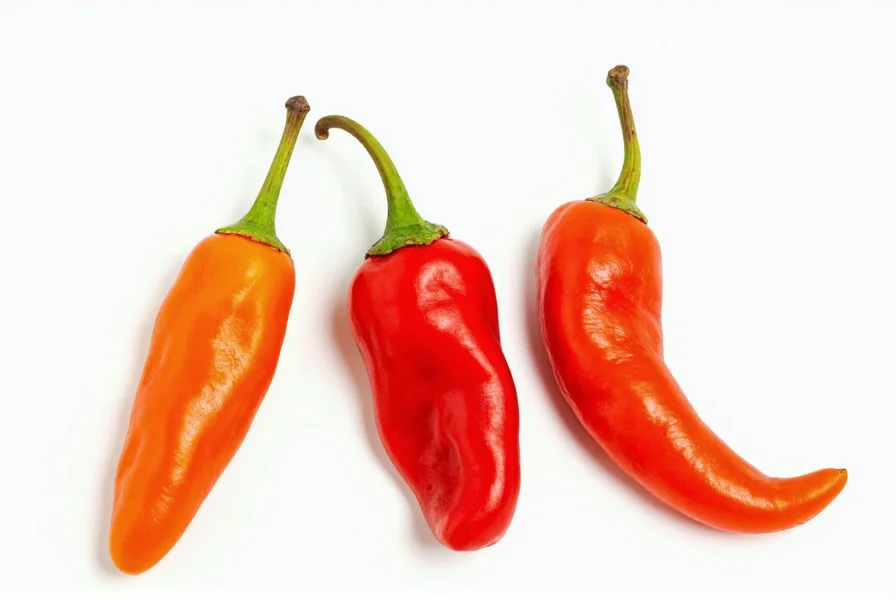 Close-up comparison of extremely hot chili peppers including ghost pepper, Carolina Reaper, and Trinidad Moruga Scorpion on white background