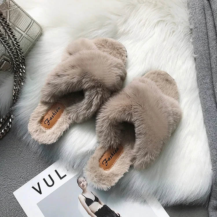 

Custom Logo House Heated Slipper Faux Fur Warm Women Winter Comfortable Soft Plush Fluffy Criss-Cross Slippers