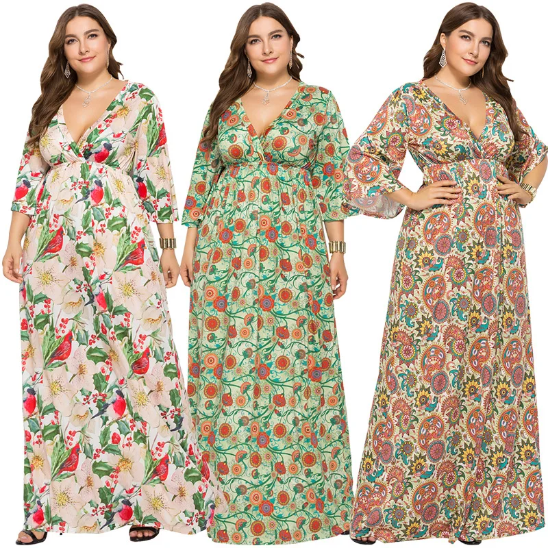

PSD2059 High Quality Women Plus Size Floral Print Loose Long Maxi Midi Elegant Casual Boho Dress, As show