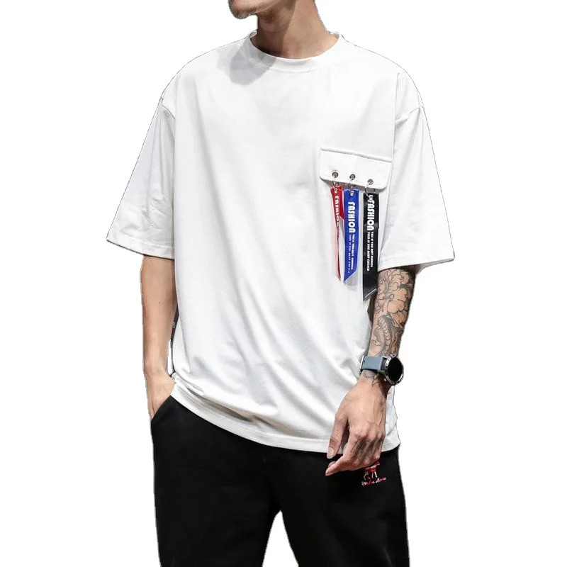 

2021 Pop Wholesale Men Cotton Loose Strips Decorated Blank T Shirt