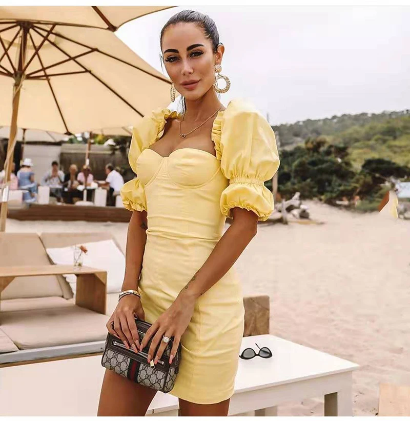 

Cute Puff Sleeve Off The Shoulder Retro Yellow Dress Tunic, Customized