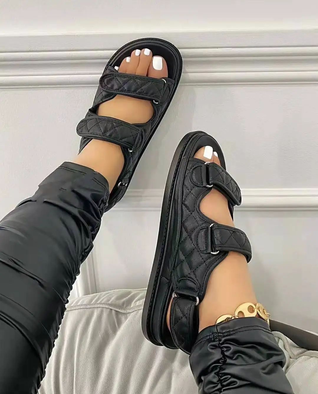 

2021 new arrival ladies PU buckle sandals flat summer flip flops women INS slippers, White,black,grey,brown