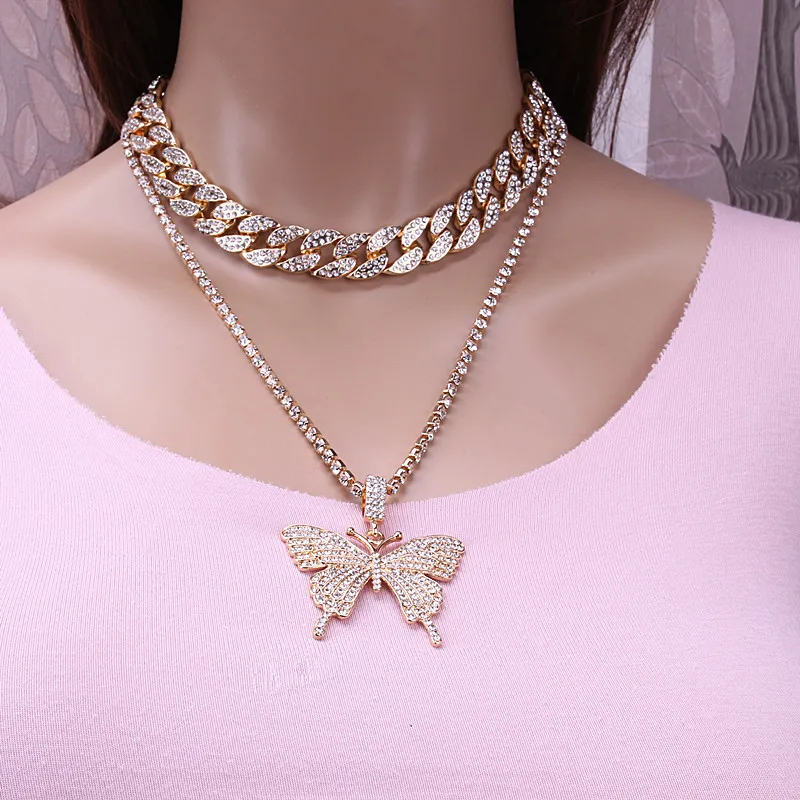 

Butterfly Pendant Gold Silver Color Cuban Chain Cubic Charm Pink Tennis Chain Necklace Men Women Hip Hop Jewelry Gift