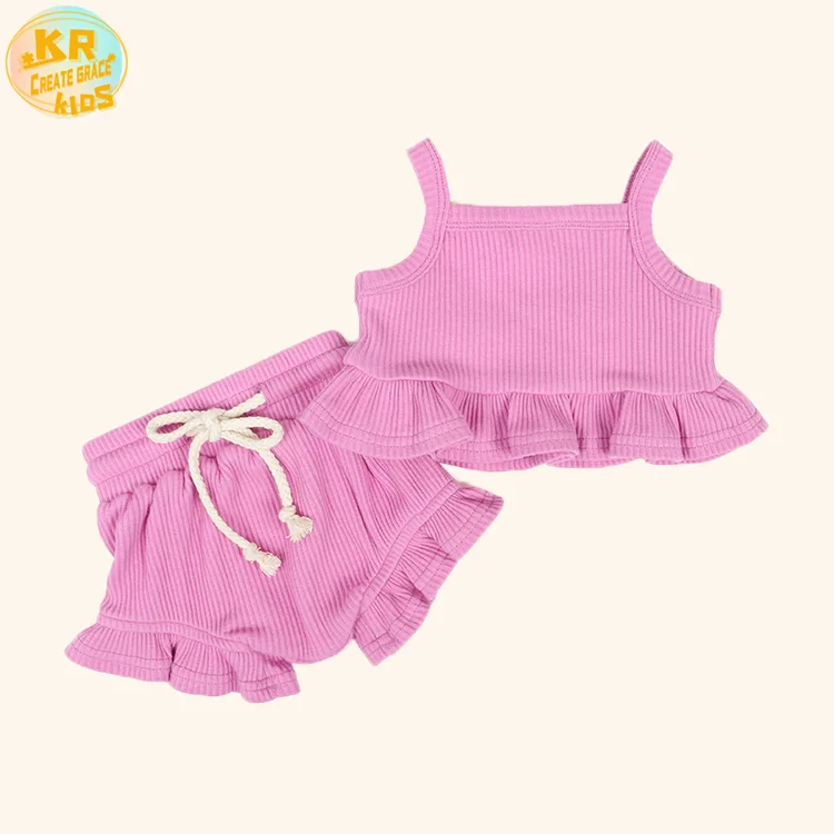 

Summer Pit Bar Pink Solid Sleeveless Pit Bar Children Clothes Girls' Shorts Two Piece Pants Set, Customized color