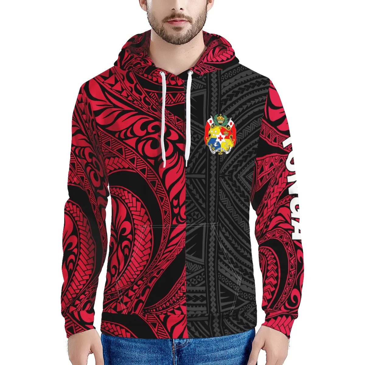 

Custom High Quality Men Sports Hoodies Polynesian Tribal Black Background With Maroon Prints Jumper Micronesia Tonga Men Top, Customized colors