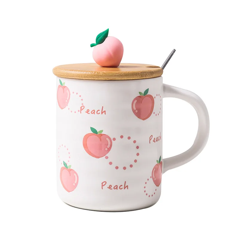 

400 ml Korean peach pink ceramic cup with lid and spoon frosted mug business office coffee cup can be customized LOGO