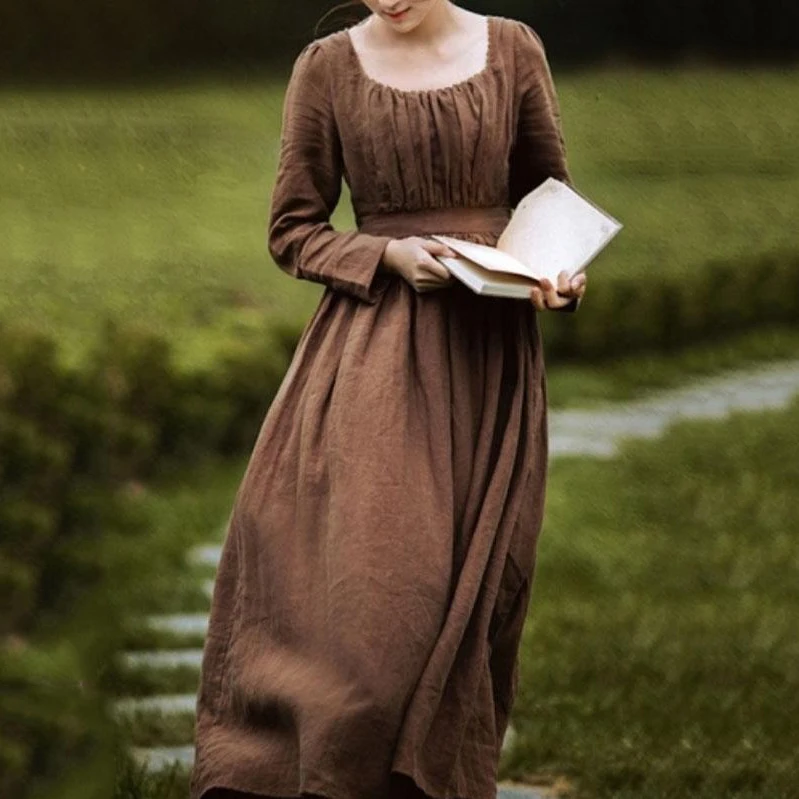 

Women Medieval Victorian Retro Dress Square Collar Long Sleeves High Waist French Apparel Brown Temperament Long Dress