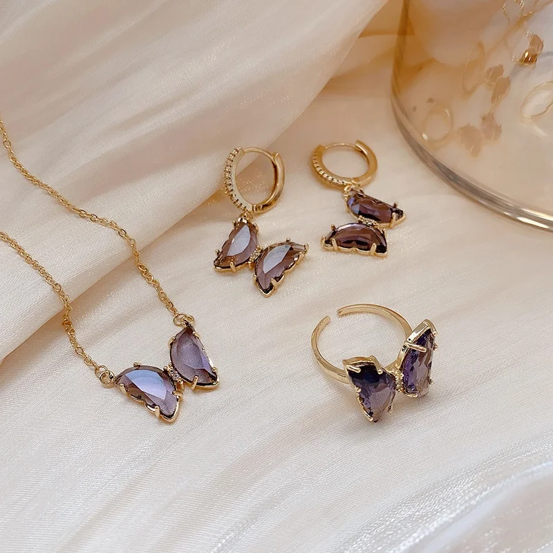 

High Quality Amethyst Jewelry Necklace Earring Ring Plated 18K Gold 316L Stainless Steel Butterfly Jewelry Set, Purple