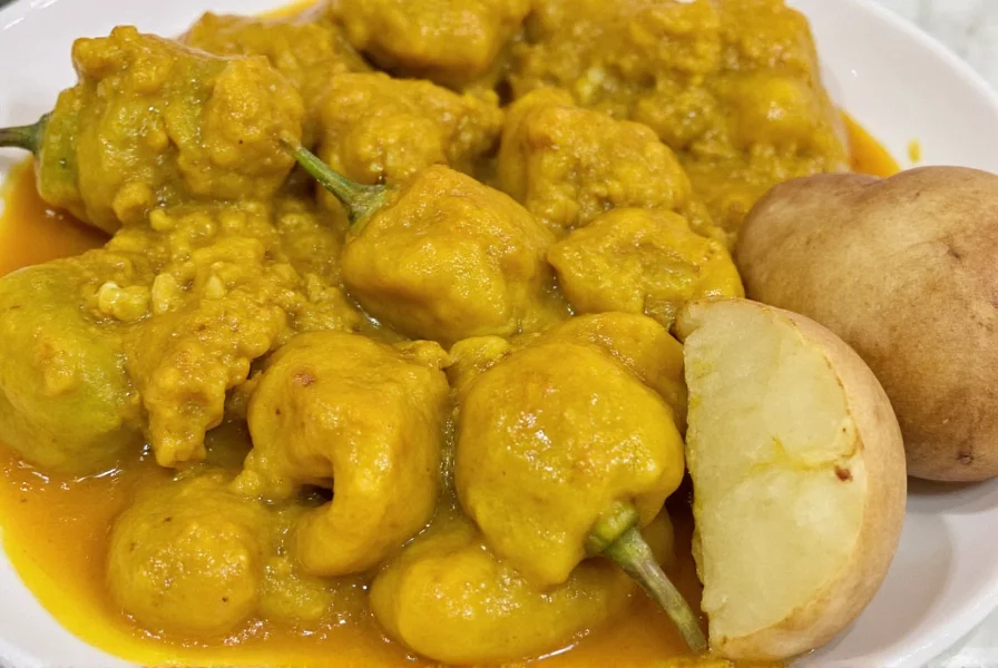 Traditional Peruvian dish featuring mirasol peppers in a vibrant yellow sauce served with rice and potatoes