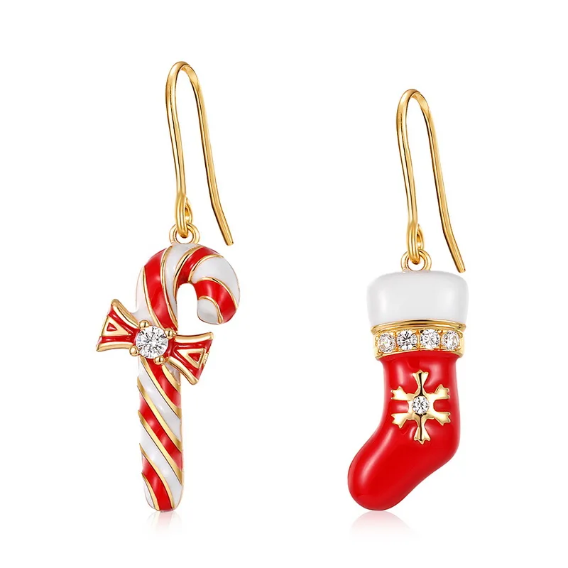 

Christmas Themed Jewelry Sterling Silver Earring Oil Drip Paint Christmas Stick Stocking Women Hook Earrings For Xmas Gift, Picture