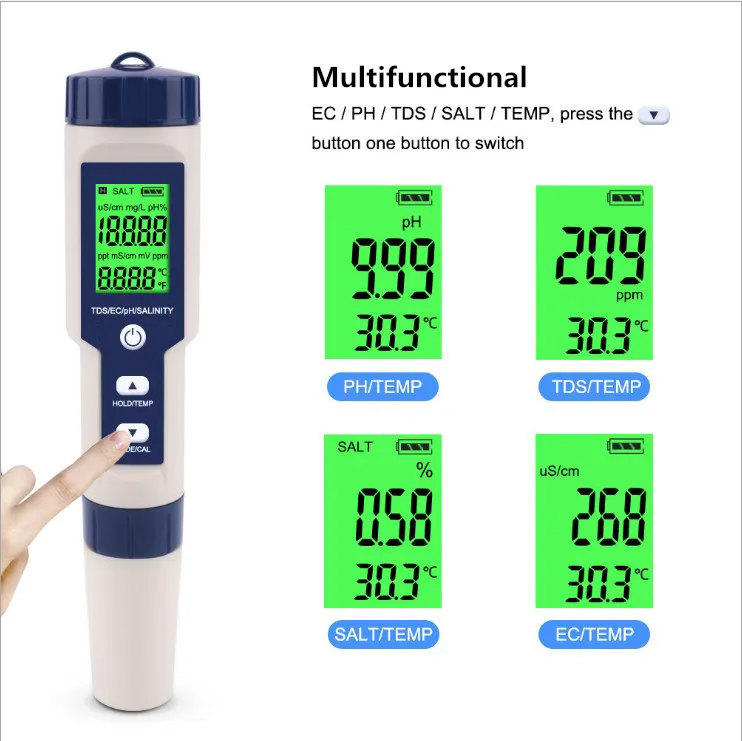 
Newest 5 in 1 TDS/EC/PH/Salinity/TEMP Water Quality Tester meter With Electrode Replaceable salt meter 