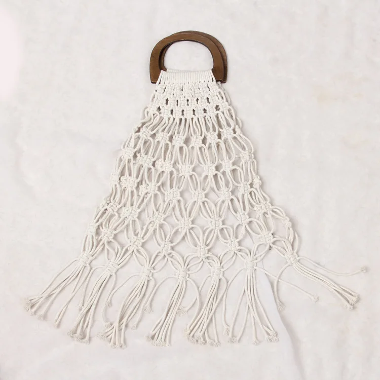 

Boho Style Long Tassel Wood Handle Mesh Net Macrame Beach Bag for Women Girls, 3 choices