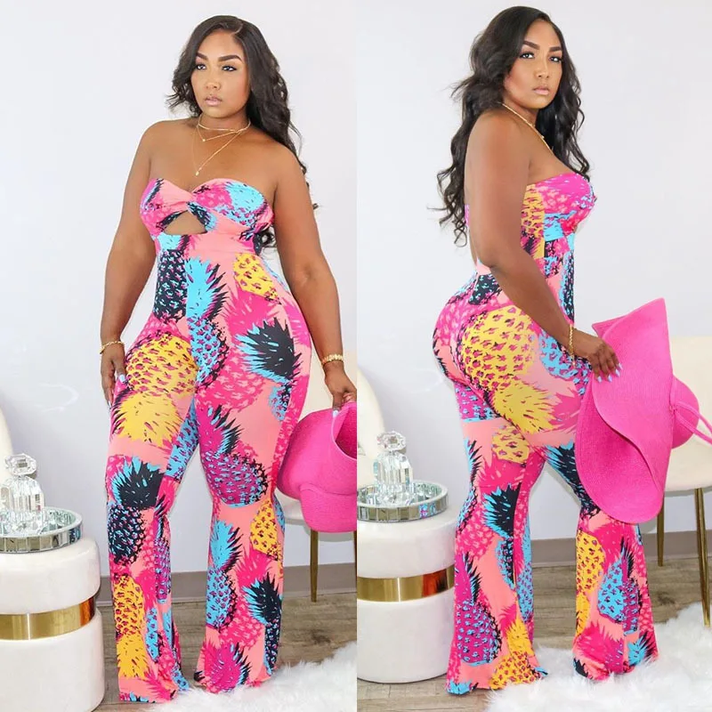 

2021 Hot Hollow Out Tube Top Pink Skinny Rompers Cutout High Waisted Pants  Plus Size Women'S Trousers