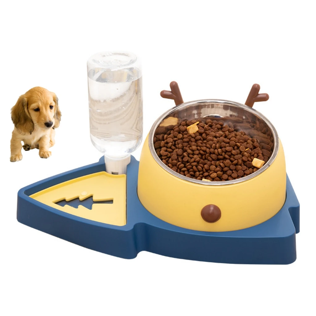 

New Inventions Double Bowls Feeder Food Water Drink Dispenser Automatic Pet Slow Feeder