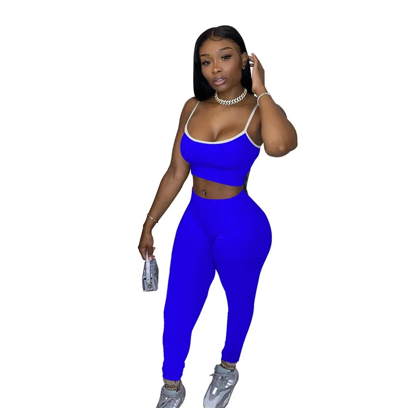 

2021 New fashion women contrast color spaghetti strap top and leggings CASUAL two piece set women ladies clothing