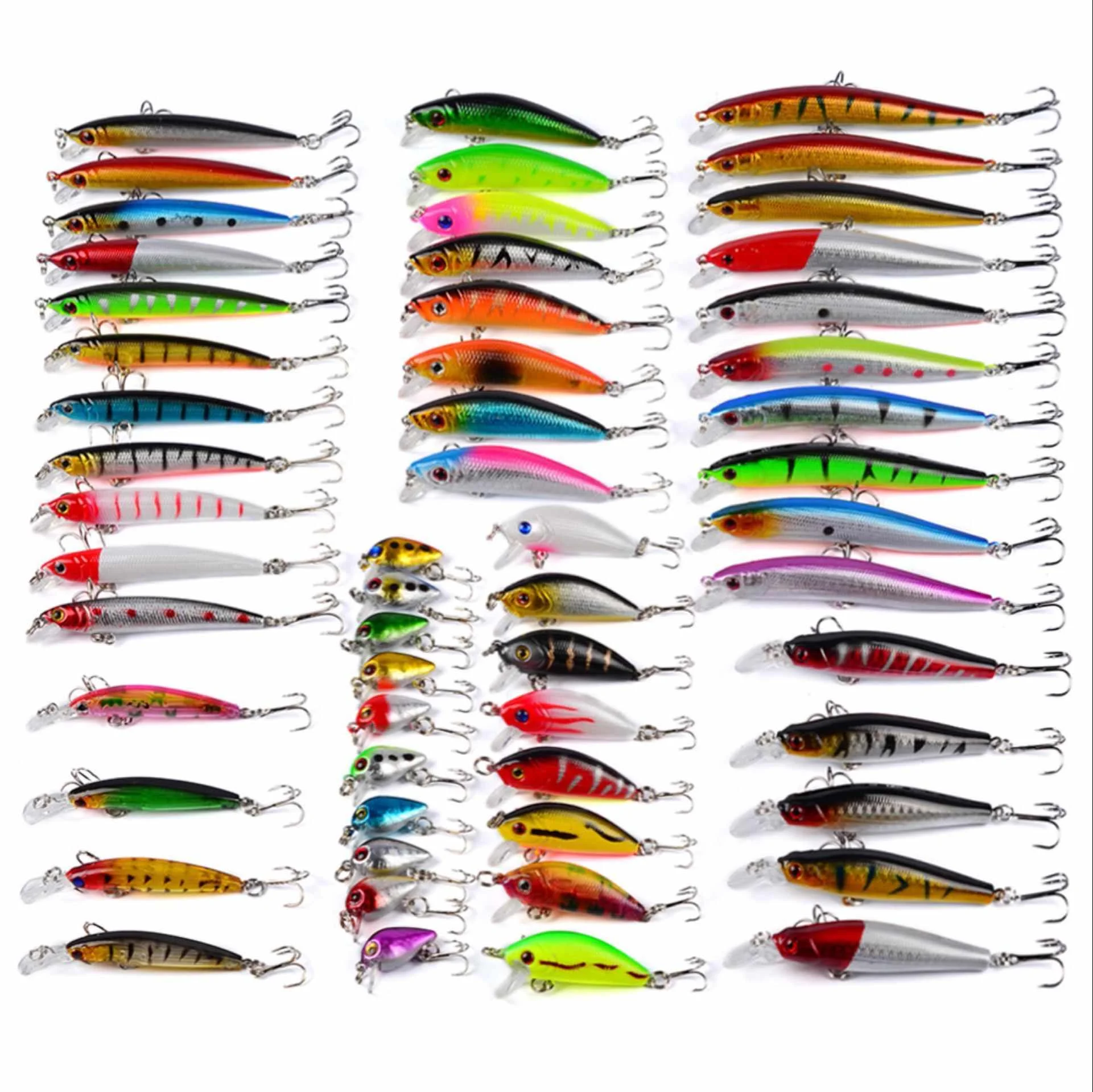 

56PCS Assorted Fishing Lure Kit Colorful Minnow Popper Crank VIB Fishing Lure Set, As picture