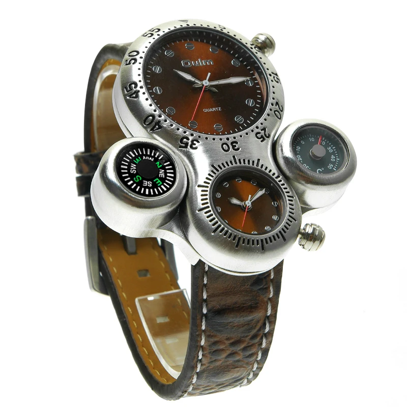 

Oulm 1149 new design silver gents quartz watch weird PU leather band double time compass centigrade personality watch design