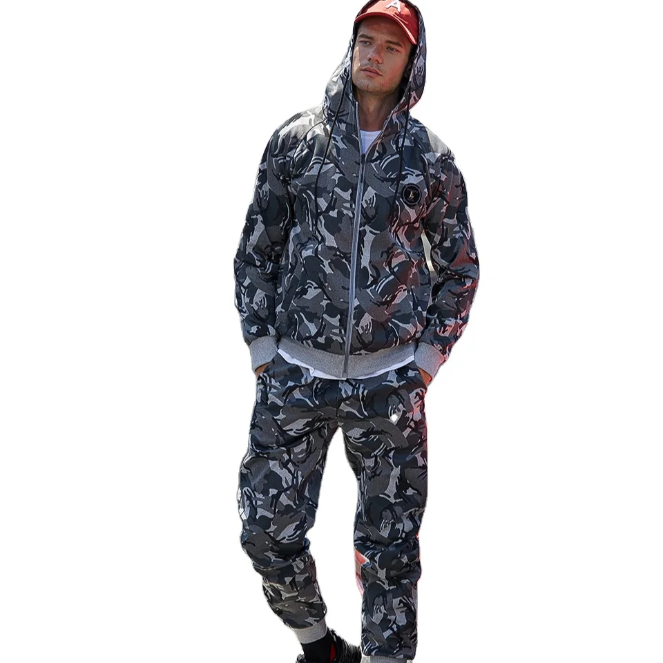 

2021 new mens casual suit hoodie sportswear two-piece mens camouflage suit