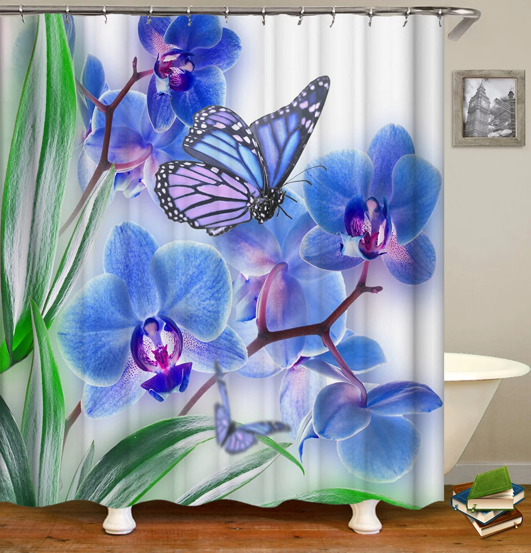 

Wholesale Printed 100 Polyester Waterproof Shower Curtain for Bathroom, Flowers and Butterfly Design