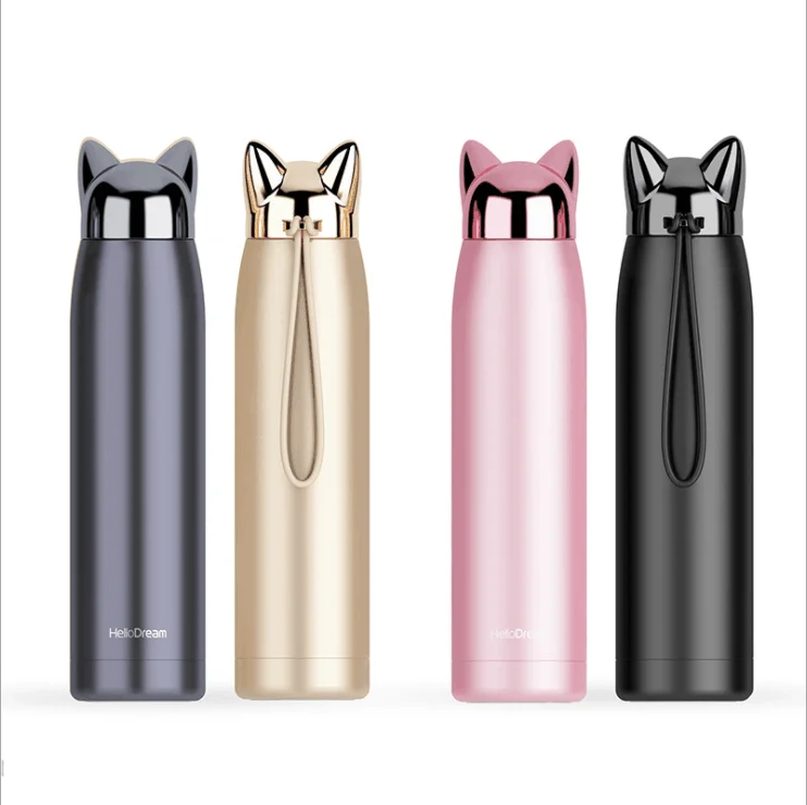

320ml girls Water Bottle Double Wall Thermos Stainless Steel Vacuum Flasks Cute Cat Fox Ear Thermal ravel Mug, Pink, golden, black, blue