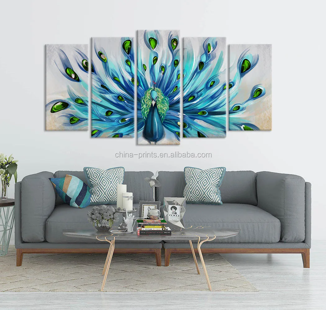 5 Piece HD Blue Peacock Painting On Canvas Print Home Decor 
