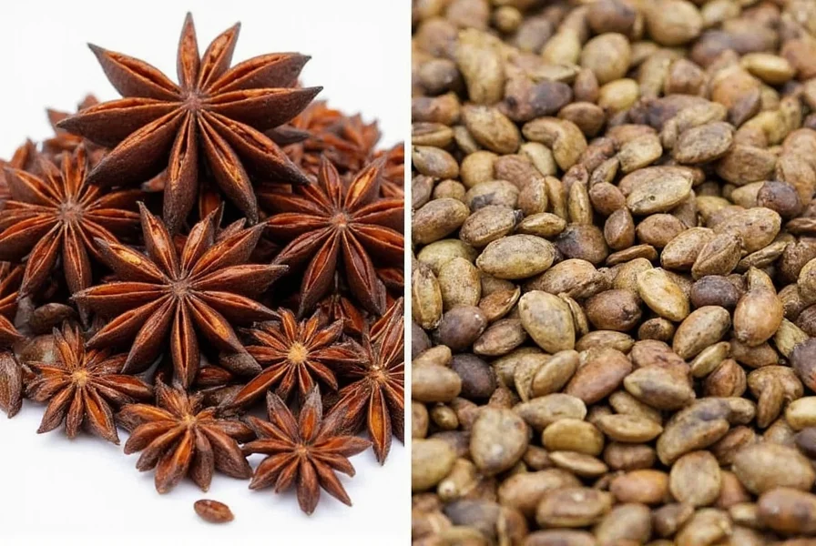 Visual comparison of star anise pods versus anise seeds