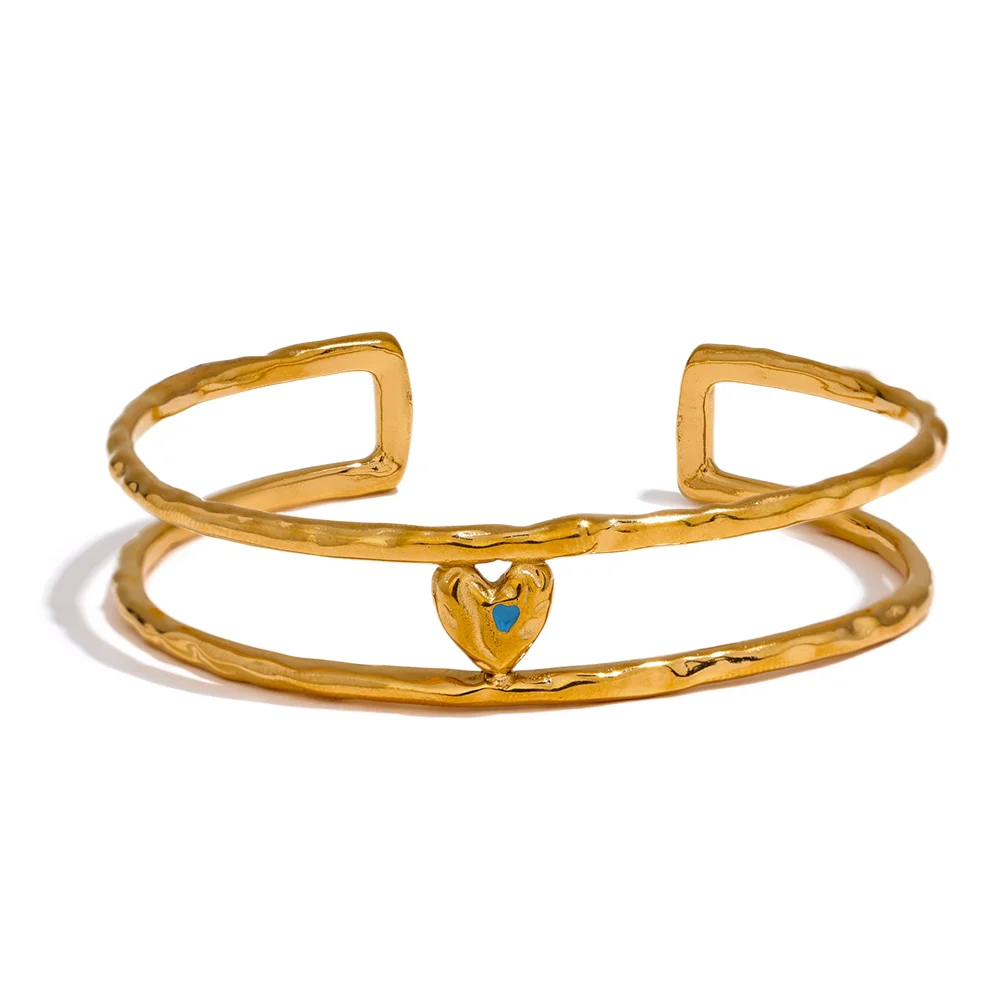 

JINYOU 2451 Minimalist Stainless Steel Double Layer Hollow Heart Wide Cuff Bracelet Bangle Waterproof Arm Jewelry Women Gala