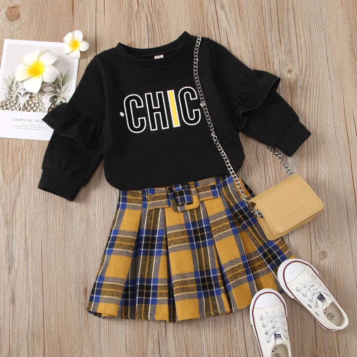 

2021 New Spring Toddler Girl Costume Kid Girl Black Ruffle Sweater +Yellow Plaid Pleated Skirt 2 pcs Garment Set 2-6T, As photos