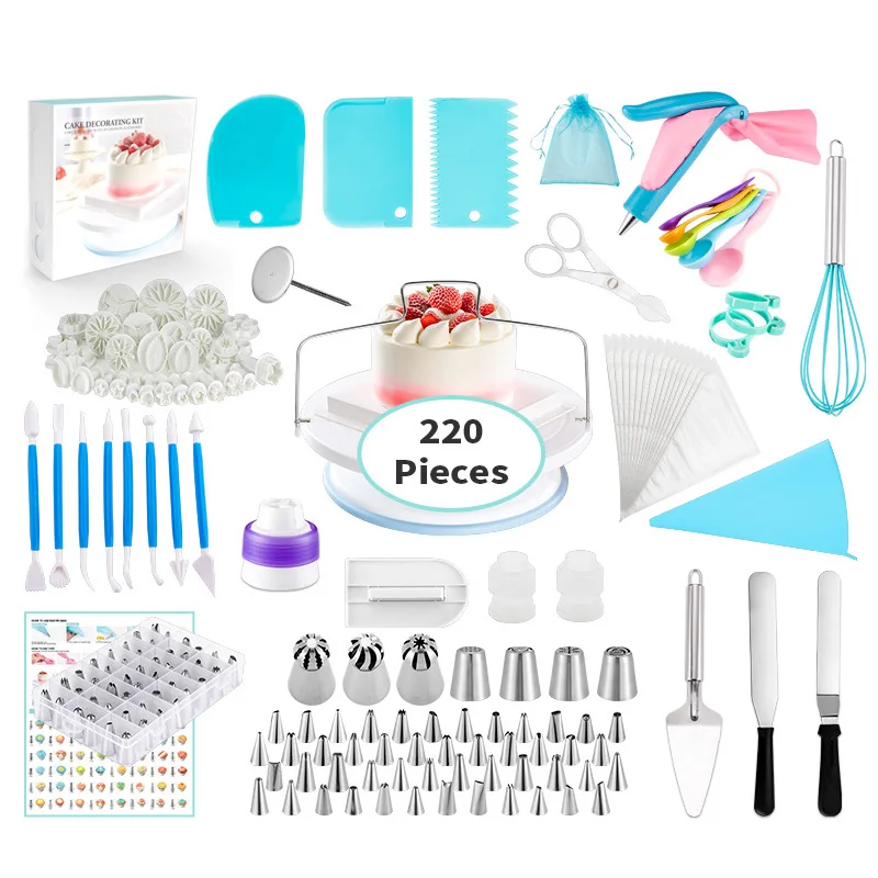 

Amazon Hot Selling Turntable Baking Set 220pcs Printed Fondant Cake Decoration Kit Decorating Mouth Set, As picture