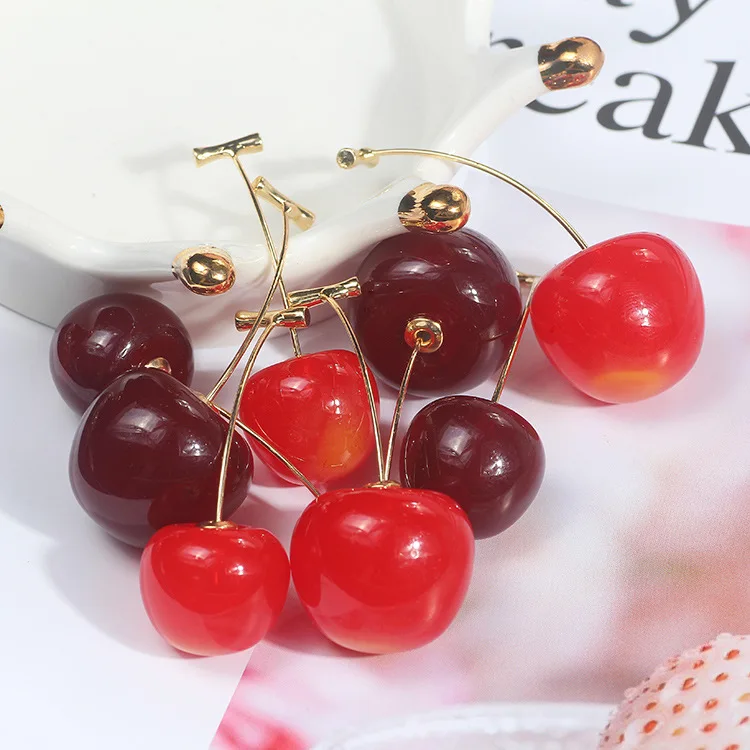 

New Fashion Red Cherry Gold Drop Earring Sweet Fruit Long Crystal Earrings for Women Lady Gift Jewelry Tassel Dangle Accessories, Picture