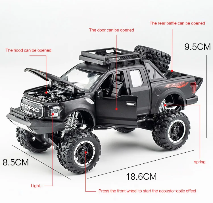  Source     Ford Raptor F1  morir coche modelo de juguete para niños de  8cm-carretera gran rueda de aleación de simulatoin camioneta con sonido Luz on