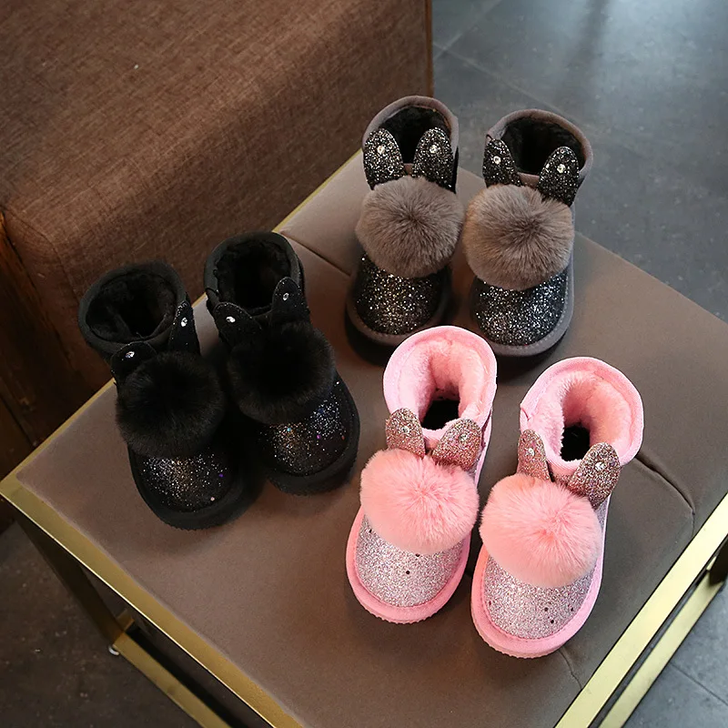 

New design rubber keep warm cute 3D rabbit ear bling bling fur kids boots girl shoes, Black/pink/grey