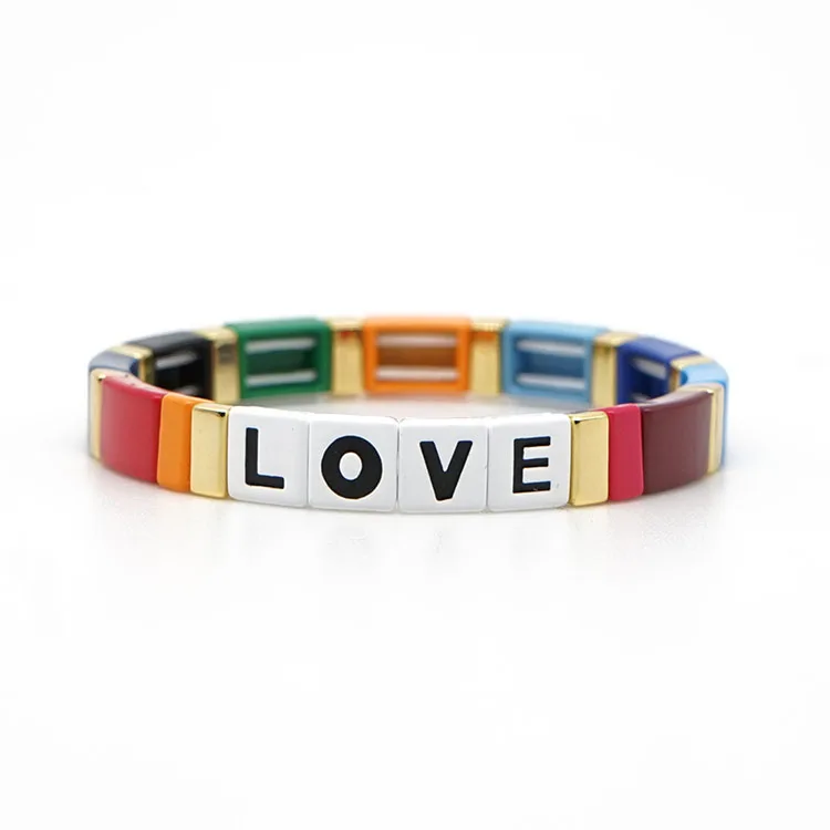 

BM2011 New 2019 Popular Enamel Rainbow Alphabet Love Enameled Crush Colorful Tile Elastic Bracelet