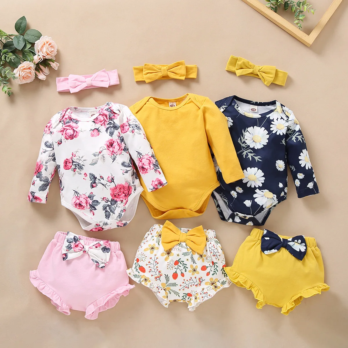 

Baby Girl Cute Romper PP Pants Sets New Summer Infant Girl Casual Long Sleeve Romper Tops Floral Shorts Headband Outfits Set, As pic shows, we can according to your request also