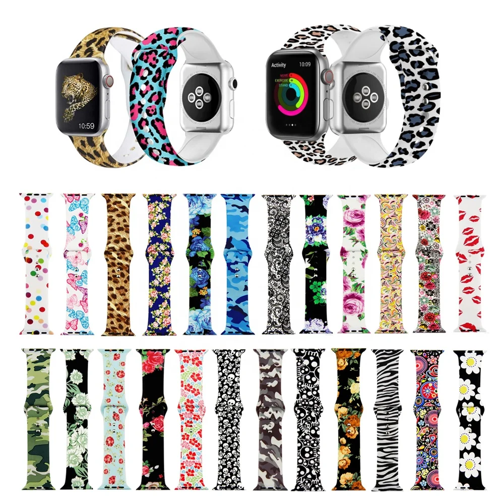 

BOORUI Silicone Print Patterns Watch Bands for Apple Watch Band designer Straps for apple watch series 7 6 5 4 3 2 1 OEM/ODM, Varied printing flowers