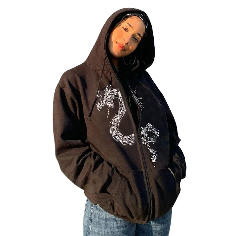 

New designer streetwear vintag women rhinestone dragon printed zipper fitness apparel women hoodie women coat winter, Black/blue