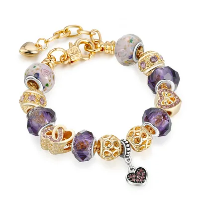 

European DIY 18k Gold Plating Beaded Bracelet Purple Crystal Rhinestone Love Heart Charm Bracelet