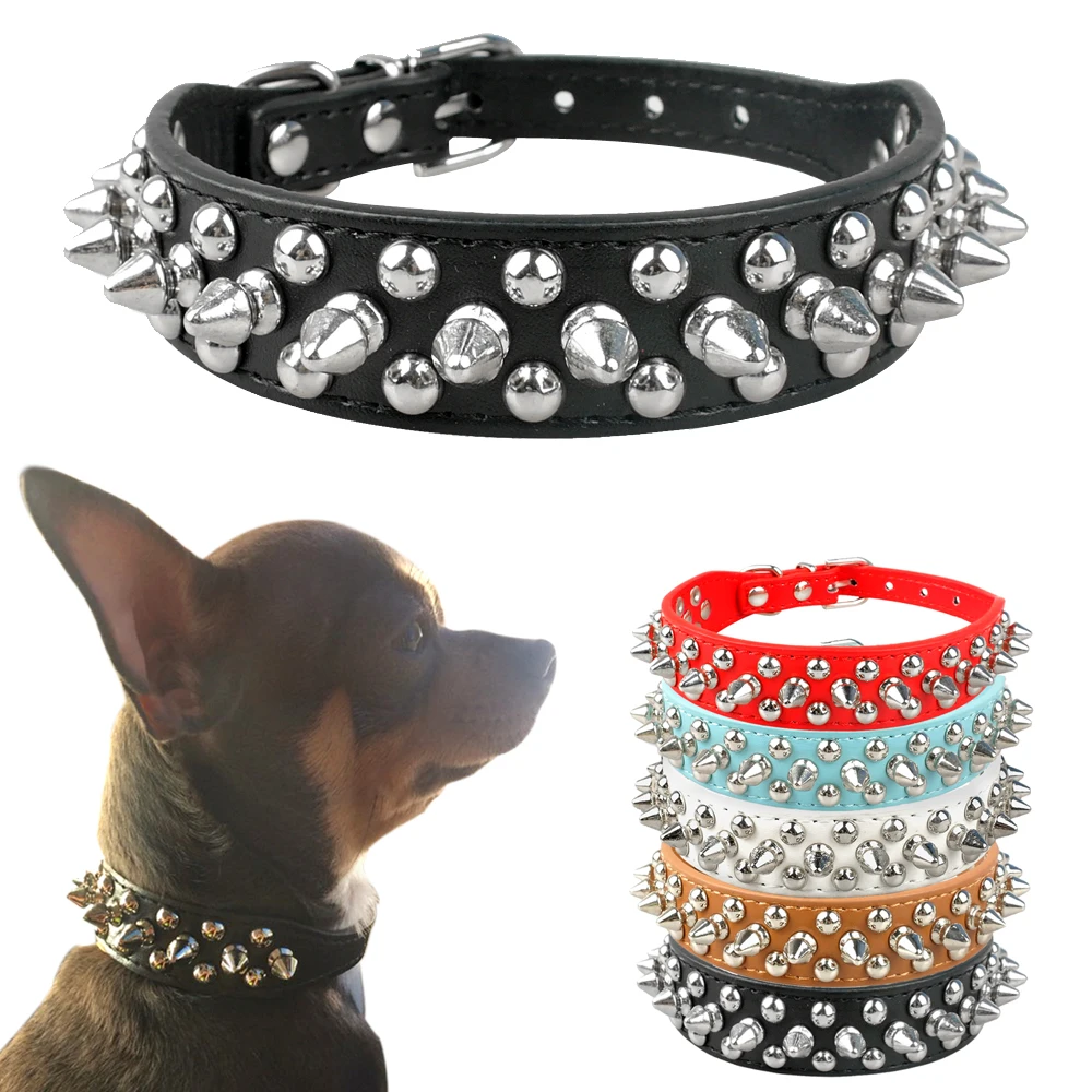 

Cool Spiked Rivet Studded PU Leather Dog Pet Collars For Small Medium Dogs and Cats Puppies 5 Colors XXS XS S M L, Brown, red, pink, white, black