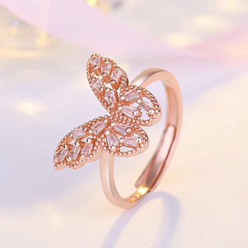 

Ins Summer Jewelry Rose Gold Micro Diamond Butterfly Ring Resizable Bling Full Rhinestone Crystal Butterfly Ring