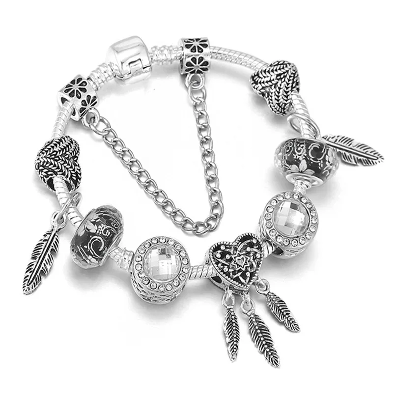 

Newest Vintage Dreamcatcher Charm Bracelets Retro Silver Plated Crystal Feather Heart Charm Bracelets Wrist Jewelry
