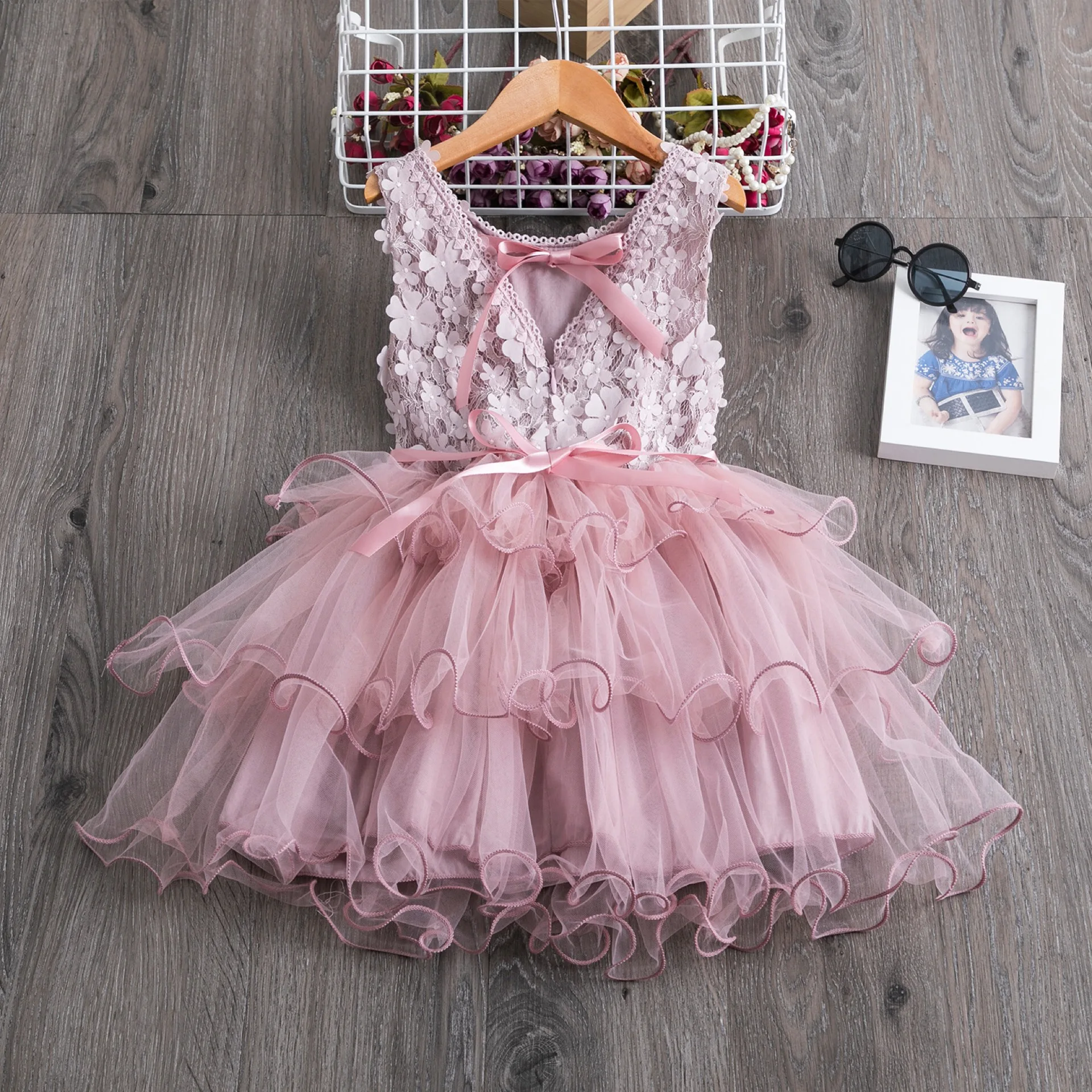 

New collection Spring Autumn girls tulle lace party flower princess girls casual dress, Customized color