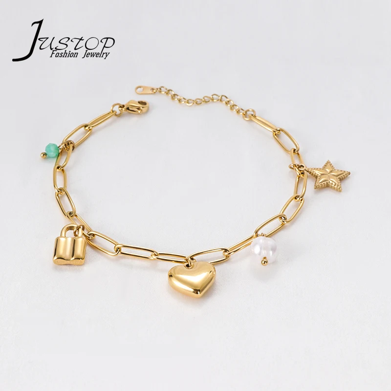 

Fashion Lock Star Heart Charms Bracelets Bangles For Women 18K Gold Plated Bracelet Chain Pulseras, As picture