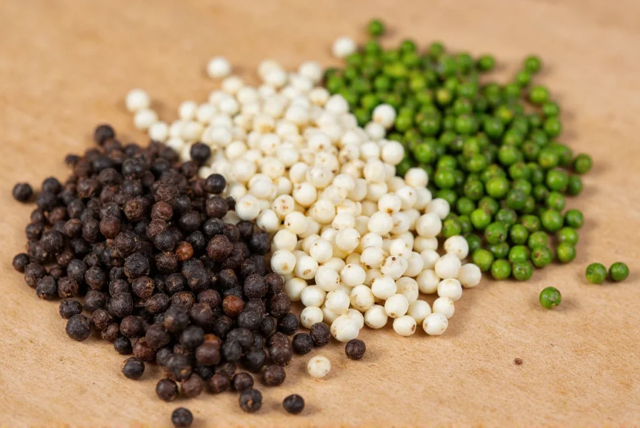 Close-up view of black peppercorns, white peppercorns, and green peppercorns on wooden background