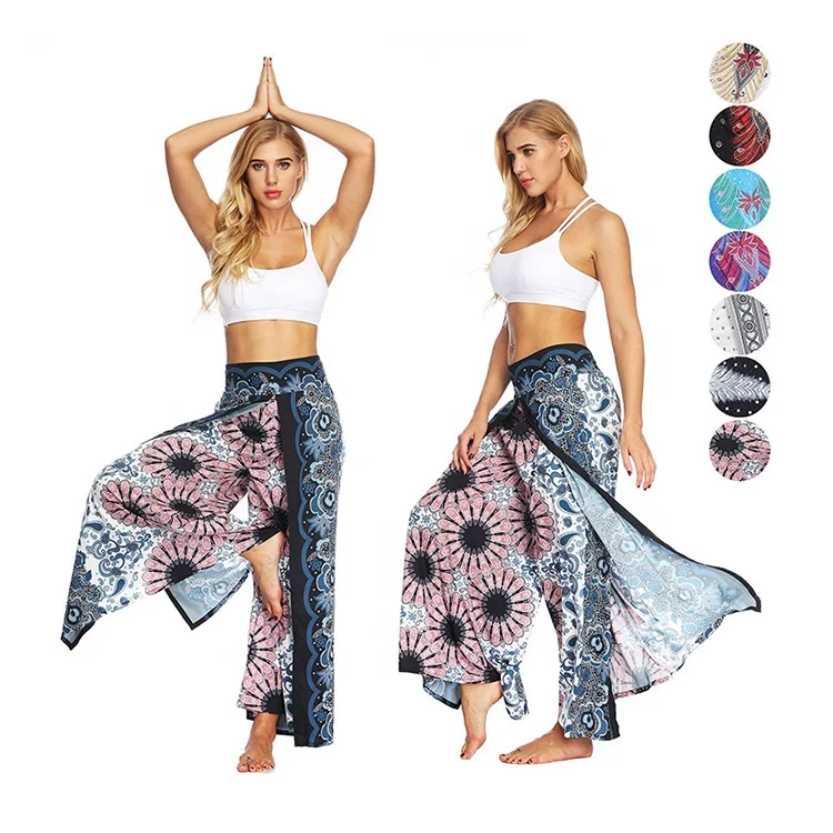 

Amazon Elastic Baggy Bohemia Split Floral Print Casual Long Harem Dance Yoga Loungewear Sports Loose Pants Women Wide Leg Pants