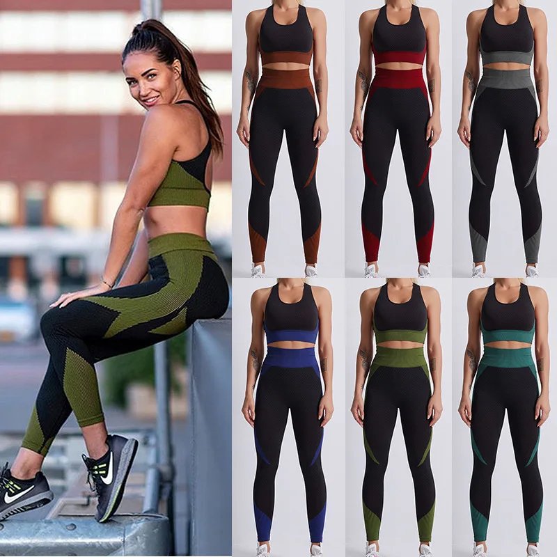 

Plus size women seamless nylon spandex sports bra high waist green color workout Fitness Yoga set