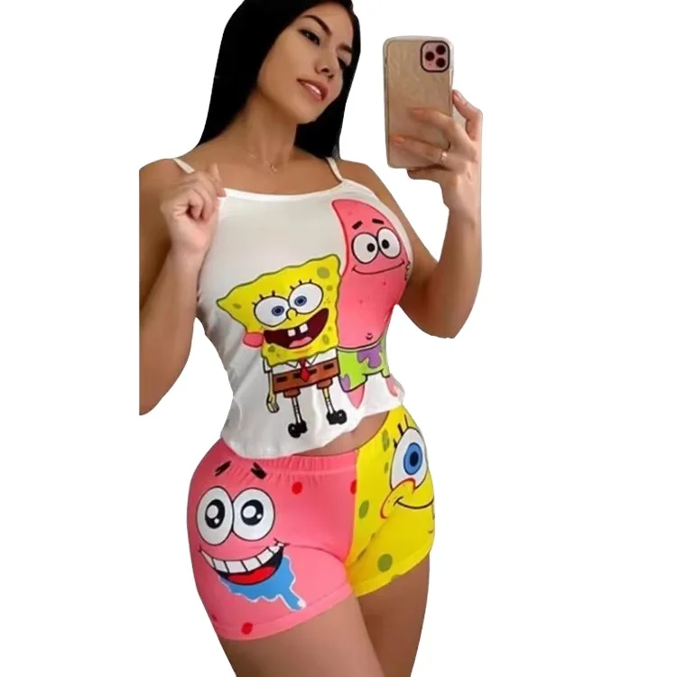 

2022 New Arrivals Summer Two pieces shorts Set Lounge sleepwear women girl snack short Set 2 pieces cartoon pajamas set