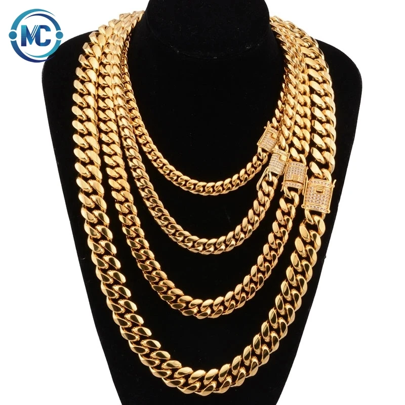 

6-18mm wide Stainless Steel Cuban Miami Chains Necklaces Zircon Box Lock Big Heavy Gold Chain for Men Hip Hop Rock jewelry